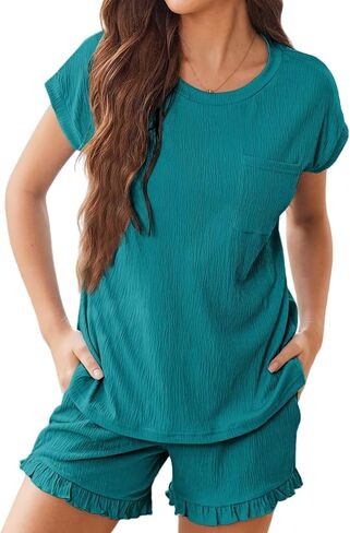 Ekouaer Womens Pajama Set Cap Sleeve Lounge Set Tops and Ruffle Shorts Pj Sets Casual Sleepwear with Pockets in Kuwait