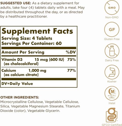 Solgar سيترات الكالسيوم مع فيتامين D3-240 أقراص - غير معدلة وراثيًا، خالية من الغلوتين، كوشير، حلال - 60 وجبة in Saudi Arabia