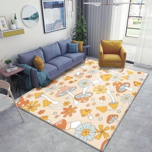 Area Rugs Pad Retro 70s 60s Floral Hippie Mushrooms Summer Groovy Flower Power Non Slip Washable Rug Kids Carpet Playmat for Living Room, Children Bedrooms, Playroom 6'x9', 6'x9'(180x270cm) in Saudi Arabia