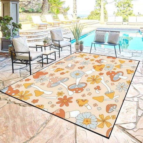 Area Rugs Pad Retro 70s 60s Floral Hippie Mushrooms Summer Groovy Flower Power Non Slip Washable Rug Kids Carpet Playmat for Living Room, Children Bedrooms, Playroom 6'x9', 6'x9'(180x270cm) in Saudi Arabia