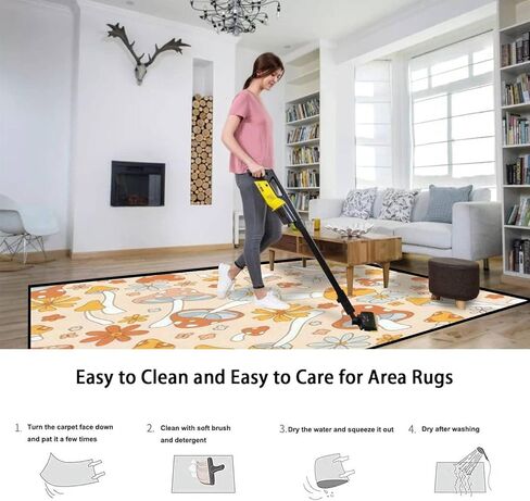 Area Rugs Pad Retro 70s 60s Floral Hippie Mushrooms Summer Groovy Flower Power Non Slip Washable Rug Kids Carpet Playmat for Living Room, Children Bedrooms, Playroom 6'x9', 6'x9'(180x270cm) in Saudi Arabia
