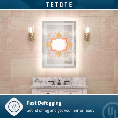 مرآة حمام TETOTE LED مع أضواء 24 × 36 مرآة زينة بإضاءة أمامية وخلفية مضادة للضباب وقابلة للتعتيم 3 ألوان أبيض/دافئ/طبيعي، CRI90+ أضواء مزدوجة، مثبتة على الحائط (أفقي/عمودي) in Kuwait