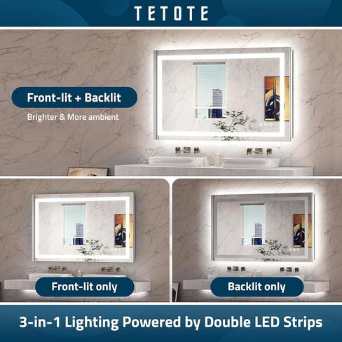 مرآة حمام TETOTE LED مع أضواء 24 × 36 مرآة زينة بإضاءة أمامية وخلفية مضادة للضباب وقابلة للتعتيم 3 ألوان أبيض/دافئ/طبيعي، CRI90+ أضواء مزدوجة، مثبتة على الحائط (أفقي/عمودي) in Kuwait