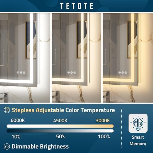 مرآة حمام TETOTE LED مع أضواء 24 × 36 مرآة زينة بإضاءة أمامية وخلفية مضادة للضباب وقابلة للتعتيم 3 ألوان أبيض/دافئ/طبيعي، CRI90+ أضواء مزدوجة، مثبتة على الحائط (أفقي/عمودي) in Kuwait