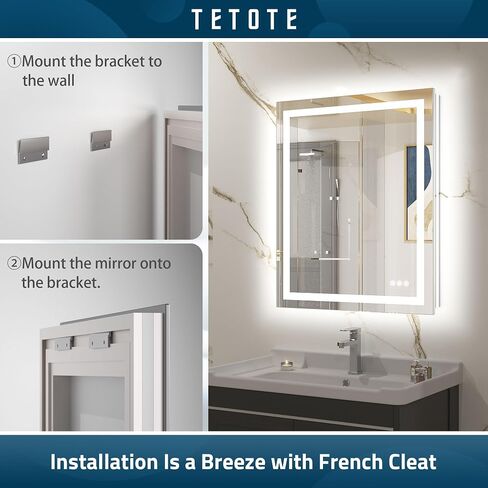 مرآة حمام TETOTE LED مع أضواء 24 × 36 مرآة زينة بإضاءة أمامية وخلفية مضادة للضباب وقابلة للتعتيم 3 ألوان أبيض/دافئ/طبيعي، CRI90+ أضواء مزدوجة، مثبتة على الحائط (أفقي/عمودي) in Kuwait