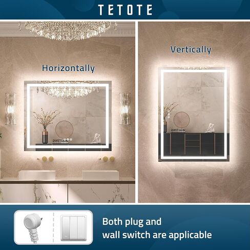 مرآة حمام TETOTE LED مع أضواء 24 × 36 مرآة زينة بإضاءة أمامية وخلفية مضادة للضباب وقابلة للتعتيم 3 ألوان أبيض/دافئ/طبيعي، CRI90+ أضواء مزدوجة، مثبتة على الحائط (أفقي/عمودي) in Kuwait