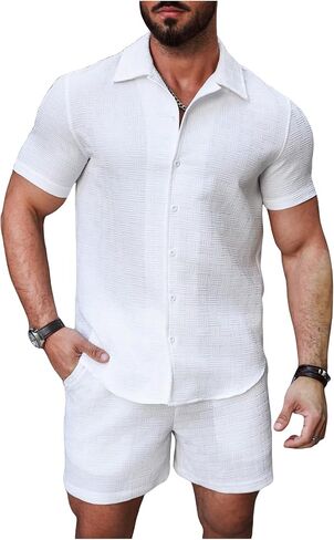GORGLITTER Men's 2 Piece Outfits Waffle Knit Button Down Shirt Top and Shorts Set in Saudi Arabia