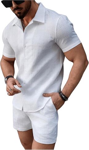 GORGLITTER Men's 2 Piece Outfits Waffle Knit Button Down Shirt Top and Shorts Set in Saudi Arabia