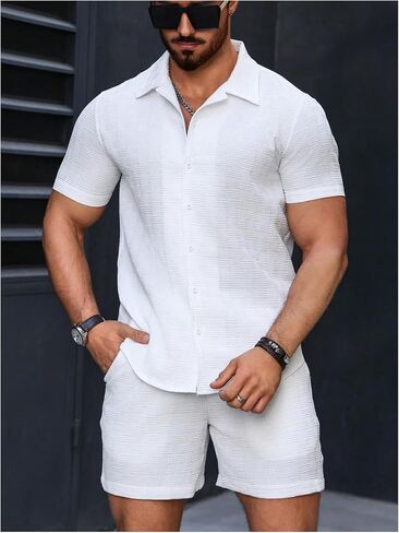 GORGLITTER Men's 2 Piece Outfits Waffle Knit Button Down Shirt Top and Shorts Set in Saudi Arabia