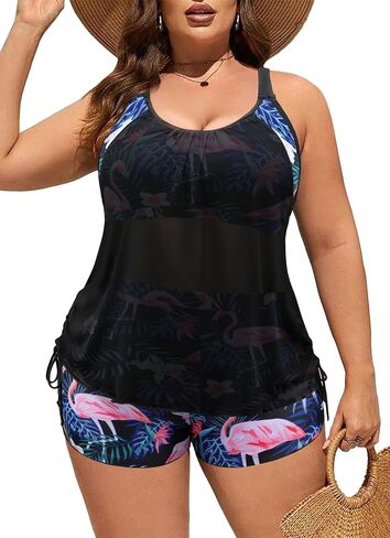 Plus Size Tankini Women Tummy Control 2PC Swimwear with Drawstring Shorts | Drawstring top ,Blouson swimwear,Tummy Control,Removable pads , Adjustable straps,Modest flowy top in Saudi Arabia