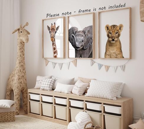 Baby Safari Animals for Girl or Boy Nursery Bedroom, Set of 3 Unframed Wall Art Prints, Jungle Leaves Posters, Nursery Decor Gift, Giraffe Elephant Lion (11x14) in Saudi Arabia