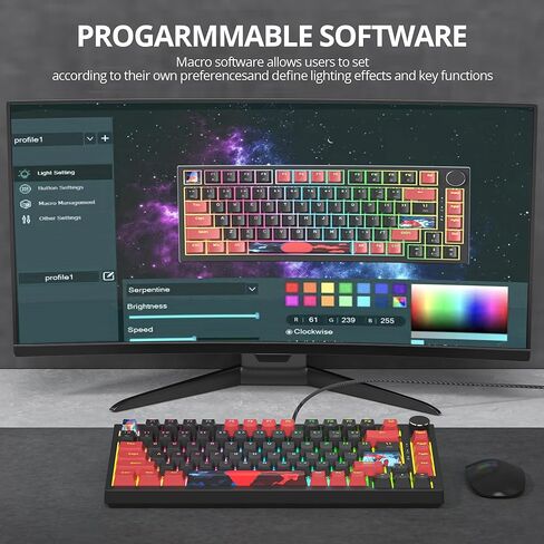 لوحة مفاتيح ميكانيكية سلكية بنسبة 75% من TKL، حامل حشية بإضاءة خلفية RGB 82 مفتاحًا قابل للتبديل السريع، لوحة مفاتيح ألعاب بمفتاح أحمر خطي مخصص مع مقبض مستوى الصوت وأغطية مفاتيح PBT (وردي) in Kuwait