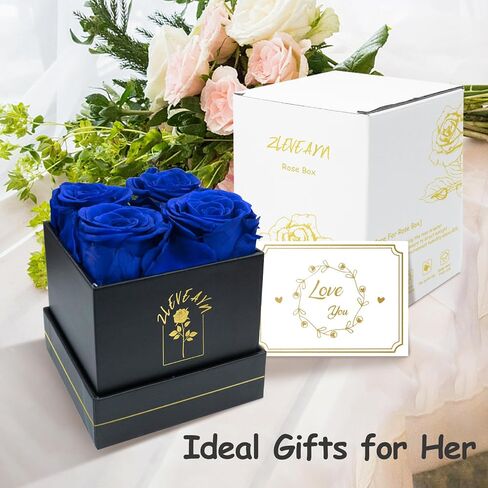 4 Pcs Fresh Preserved Roses in a Box Forever Real Flowers Birthday Valentine's Day Gifts Eternal Love for Her Women Mom(Black, Black Box) in Saudi Arabia