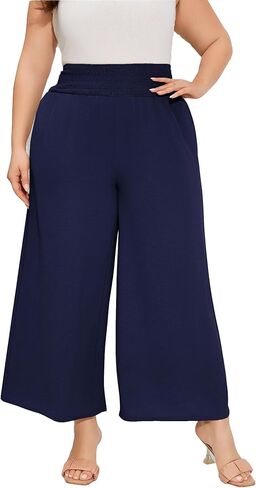 سراويل تقليدية مقاس كبير للنساء سراويل مرنة عالية الخصر واسعة الساق مريحة صالة بوهو سراويل صيفية مع جيوب أزرق داكن XL in Kuwait