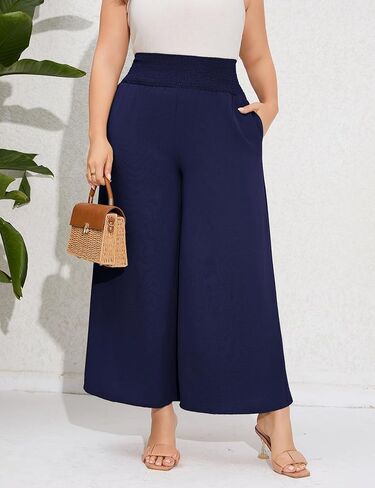 سراويل تقليدية مقاس كبير للنساء سراويل مرنة عالية الخصر واسعة الساق مريحة صالة بوهو سراويل صيفية مع جيوب أزرق داكن XL in Kuwait