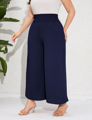 سراويل تقليدية مقاس كبير للنساء سراويل مرنة عالية الخصر واسعة الساق مريحة صالة بوهو سراويل صيفية مع جيوب أزرق داكن XL in Kuwait