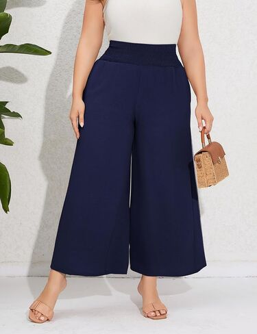 سراويل تقليدية مقاس كبير للنساء سراويل مرنة عالية الخصر واسعة الساق مريحة صالة بوهو سراويل صيفية مع جيوب أزرق داكن XL in Kuwait