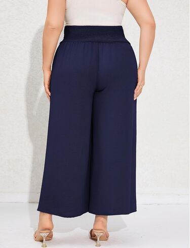 سراويل تقليدية مقاس كبير للنساء سراويل مرنة عالية الخصر واسعة الساق مريحة صالة بوهو سراويل صيفية مع جيوب أزرق داكن XL in Kuwait