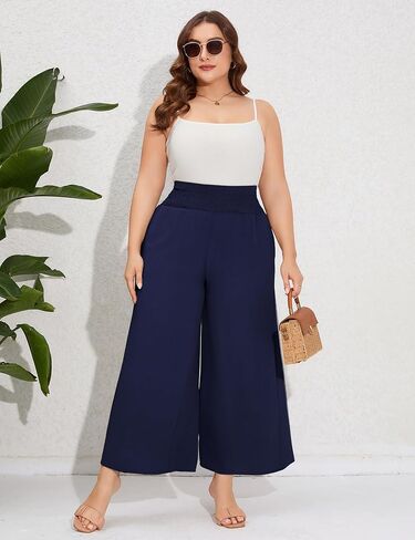 سراويل تقليدية مقاس كبير للنساء سراويل مرنة عالية الخصر واسعة الساق مريحة صالة بوهو سراويل صيفية مع جيوب أزرق داكن XL in Kuwait