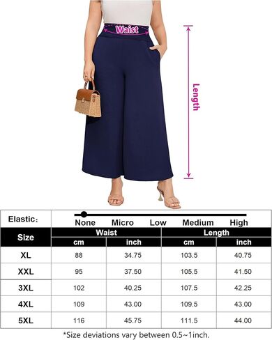 سراويل تقليدية مقاس كبير للنساء سراويل مرنة عالية الخصر واسعة الساق مريحة صالة بوهو سراويل صيفية مع جيوب أزرق داكن XL in Kuwait