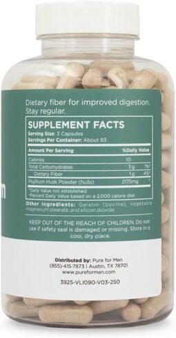 مكمل يومي لألياف قشر السيلليوم من بيور للرجال وبيور فور هير | انتظام الجهاز الهضمي ودعم صحة الأمعاء | مسحوق الألياف القابلة للذوبان، 2175 مجم لكل حصة | 250 كبسولة in Kuwait