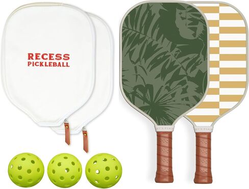 Recess Pickleball Paddles Set of 2 Paddles with 3, 40-Hole Pickle Balls - Fiberglass Surface, Honeycomb Core - Sweatproof Foam Comfort Grip - Canvas Cover & Silicone Grip Ring - USAPA Approved in Saudi Arabia