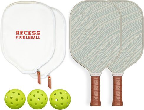 Recess Pickleball Paddles Set of 2 Paddles with 3, 40-Hole Pickle Balls - Fiberglass Surface, Honeycomb Core - Sweatproof Foam Comfort Grip - Canvas Cover & Silicone Grip Ring - USAPA Approved in Saudi Arabia