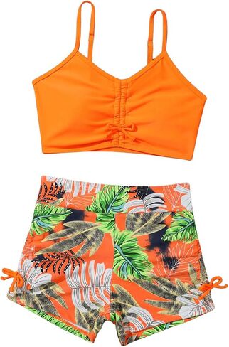 Girl's 2 Piece High Waisted Bikini Sets Tropical Drawstring Swimsuit Bathing Suit Beach Shorts Set in Saudi Arabia