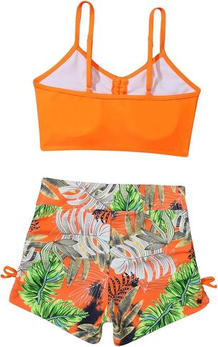 Girl's 2 Piece High Waisted Bikini Sets Tropical Drawstring Swimsuit Bathing Suit Beach Shorts Set in Saudi Arabia