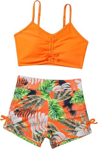 Girl's 2 Piece High Waisted Bikini Sets Tropical Drawstring Swimsuit Bathing Suit Beach Shorts Set in Saudi Arabia