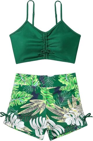 Girl's 2 Piece High Waisted Bikini Sets Tropical Drawstring Swimsuit Bathing Suit Beach Shorts Set in Saudi Arabia