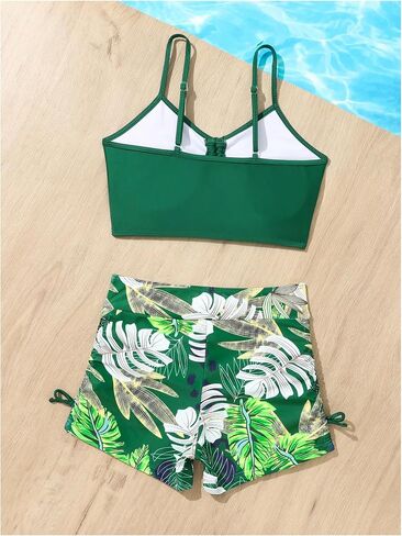 Girl's 2 Piece High Waisted Bikini Sets Tropical Drawstring Swimsuit Bathing Suit Beach Shorts Set in Saudi Arabia