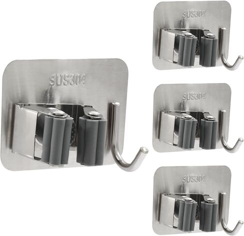 Broom Holder Wall Mount Holder 4 Pcs, 304 Stainless Steel Mop Hanger Wall Mount Stick, Heavy Duty Utility Rack for Bathroom, Kitchen, Laundry Room Storage，Sliver in Saudi Arabia