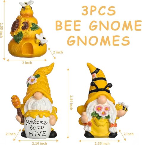 Funoasis 3PCS الراتنج تلعثم النحل التماثيل الربيع الصيف المنزل الديكور اليد الطلاء مضحك نحل العسل Tomte التماثيل السويدية مزرعة الجدول الرف التماثيل in Kuwait