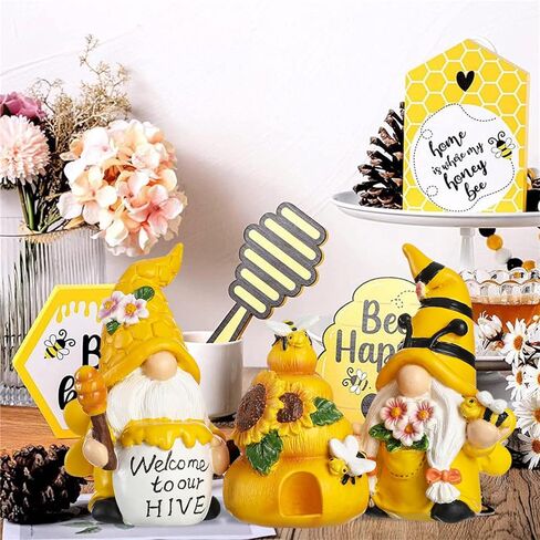 Funoasis 3PCS الراتنج تلعثم النحل التماثيل الربيع الصيف المنزل الديكور اليد الطلاء مضحك نحل العسل Tomte التماثيل السويدية مزرعة الجدول الرف التماثيل in Kuwait