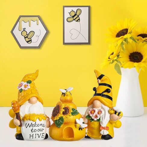 Funoasis 3PCS الراتنج تلعثم النحل التماثيل الربيع الصيف المنزل الديكور اليد الطلاء مضحك نحل العسل Tomte التماثيل السويدية مزرعة الجدول الرف التماثيل in Kuwait