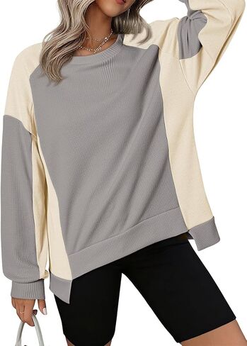 Dokotoo Oversized Sweatshirt for Women Waffle Knit Color Block Crewneck Long Sleeve Casual High Low Pullover Sweatshirts Tops in Saudi Arabia