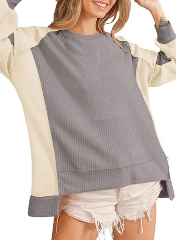 Dokotoo Oversized Sweatshirt for Women Waffle Knit Color Block Crewneck Long Sleeve Casual High Low Pullover Sweatshirts Tops in Saudi Arabia