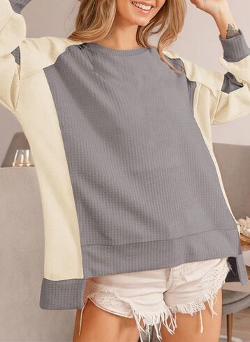 Dokotoo Oversized Sweatshirt for Women Waffle Knit Color Block Crewneck Long Sleeve Casual High Low Pullover Sweatshirts Tops in Saudi Arabia