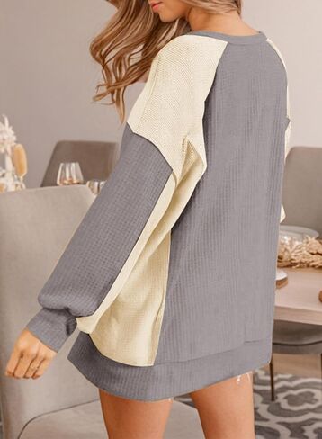 Dokotoo Oversized Sweatshirt for Women Waffle Knit Color Block Crewneck Long Sleeve Casual High Low Pullover Sweatshirts Tops in Saudi Arabia