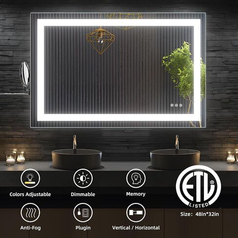 40x24 LED Bathroom Mirror with Lights, Anti-Fog, Dimmable, Backlit + Front Lit, Lighted Bathroom Vanity Mirror for Wall, Memory Function, Waterproof, Tempered Glass, (Horizontal or Vertical) in Saudi Arabia