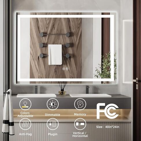 40x24 LED Bathroom Mirror with Lights, Anti-Fog, Dimmable, Backlit + Front Lit, Lighted Bathroom Vanity Mirror for Wall, Memory Function, Waterproof, Tempered Glass, (Horizontal or Vertical) in Saudi Arabia
