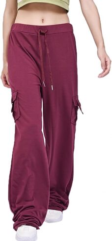 Women's Retro Cargo Pants Baggy Pants Wide Leg Yoga Elastic Waistband Multiple Pockets with Button Casual Trousers in Saudi Arabia