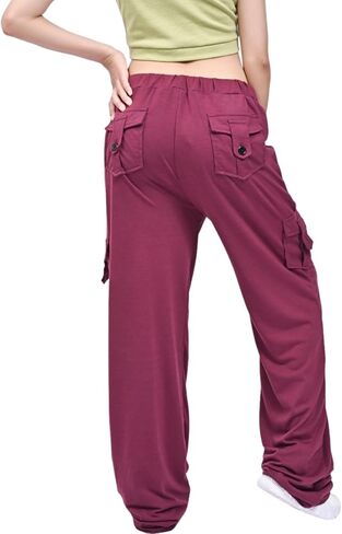 Women's Retro Cargo Pants Baggy Pants Wide Leg Yoga Elastic Waistband Multiple Pockets with Button Casual Trousers in Saudi Arabia