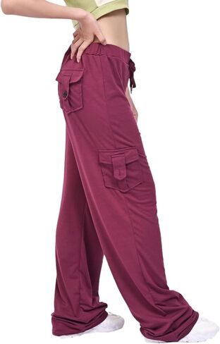 Women's Retro Cargo Pants Baggy Pants Wide Leg Yoga Elastic Waistband Multiple Pockets with Button Casual Trousers in Saudi Arabia
