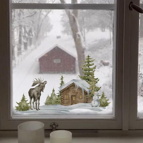 funlife Landscape Winter Hut Decorative Stained Window Decal, Double Sided Thickened Static Cling Glass Covering for Bathroom Glass Window Decor, Winter Landscape Winter Hut and Moose 23.62"x14.96" in Saudi Arabia