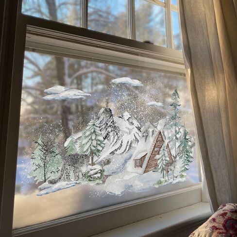 funlife Landscape Winter Hut Decorative Stained Window Decal, Double Sided Thickened Static Cling Glass Covering for Bathroom Glass Window Decor, Winter Landscape Winter Hut and Moose 23.62"x14.96" in Saudi Arabia