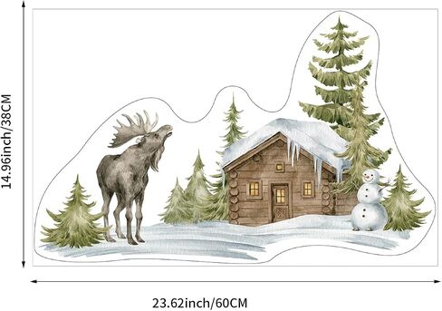 funlife Landscape Winter Hut Decorative Stained Window Decal, Double Sided Thickened Static Cling Glass Covering for Bathroom Glass Window Decor, Winter Landscape Winter Hut and Moose 23.62"x14.96" in Saudi Arabia