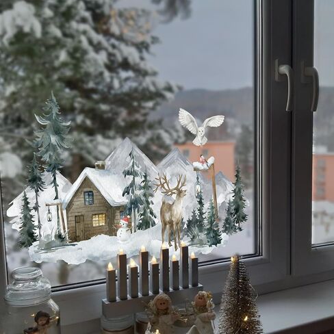 funlife Landscape Winter Hut Decorative Stained Window Decal, Double Sided Thickened Static Cling Glass Covering for Bathroom Glass Window Decor, Winter Landscape Winter Hut and Moose 23.62"x14.96" in Saudi Arabia