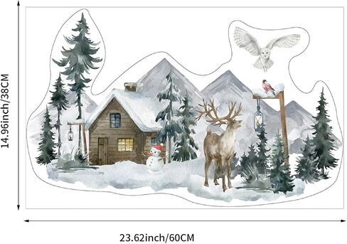 funlife Landscape Winter Hut Decorative Stained Window Decal, Double Sided Thickened Static Cling Glass Covering for Bathroom Glass Window Decor, Winter Landscape Winter Hut and Moose 23.62"x14.96" in Saudi Arabia